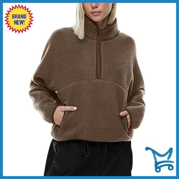 Jackets & Blazers - Half Zip Sherpa Fleece Pullover Cropped Sweatshirt with Pockets
